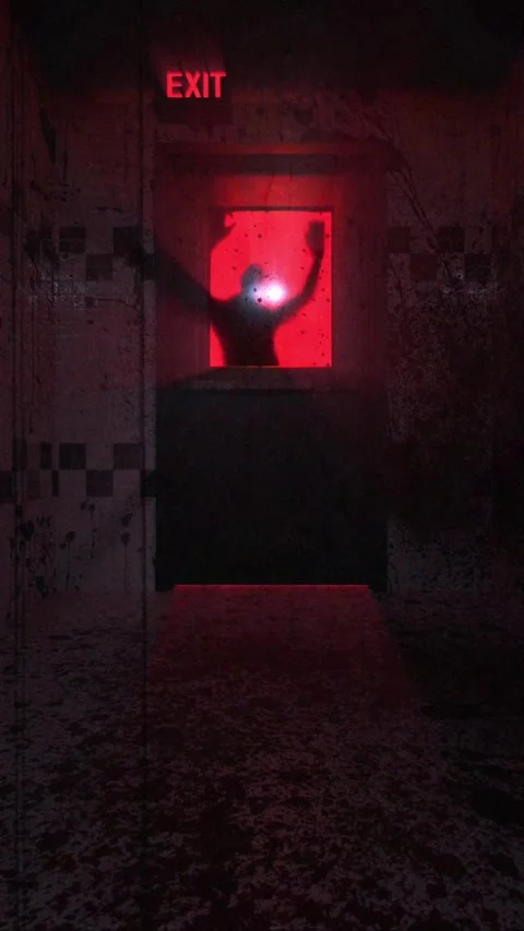 Man holding flashlight in dark hallway with exit sign. Stock Footage 318468256