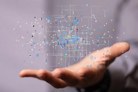 Man holding a floating 3D rendering of futuristic digital cyberspace with lines 스톡 사진