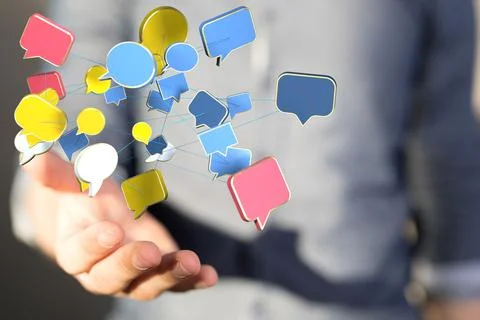 Man holding a floating render of email and messaging icons Stock Photos