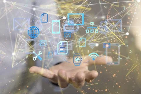 Man holding a floating render of media icons Stock Photos