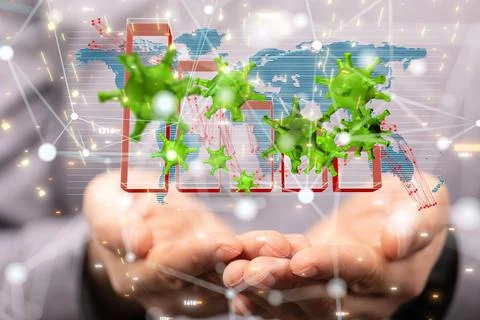 Man holding a floating render of virus and data visualisation Stock Photos