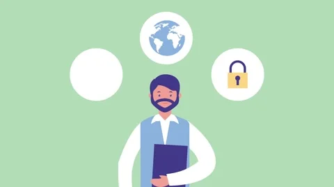Man holding folder with icons appearing around him representing business, f.. Stock Footage 334158180