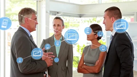 Man holding folder speaking, initiating blue icons showing business network and Stock Footage 333901072