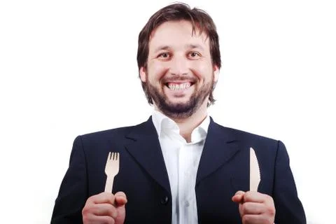 Man holding fork Stock Photos