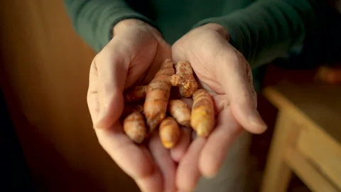 Man holding fresh turmeric root in his hands showing them to the camera Stock Footage 145744238