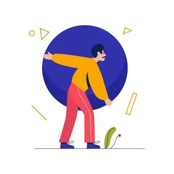 Man holding geometric figure, tiny male character carrying blue round shape Illustrazione stock