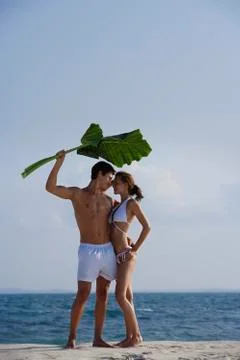 Man holding giant leaf over woman as they stand on beach Stock Photos