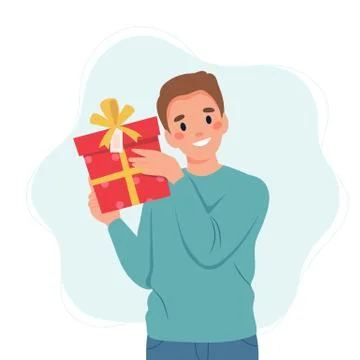 Man holding a gift box. Vector illustration template Ilustração Stock