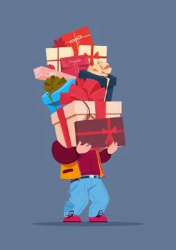 Man Holding Gift Boxes Stack On Gray Background Holiday Presents Concept Stock Illustration