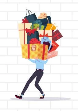 Man Holding Gift Boxes Stack Over White Brick Wall Background Holiday Presents Illustrazione stock