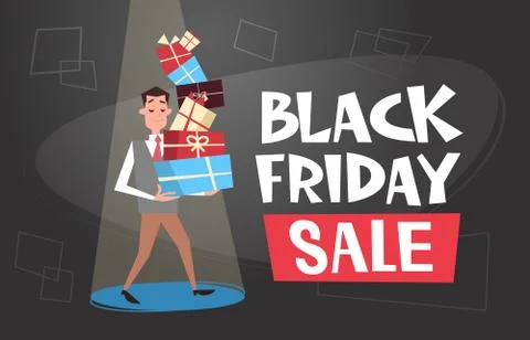Man Holding Gift Boxes Stack, Black Friday Sale Poster Design Holiday Shopping Illustrazione stock