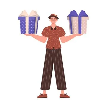 The man is holding a gift. Modern flat vector illustration. Stock Illustration
