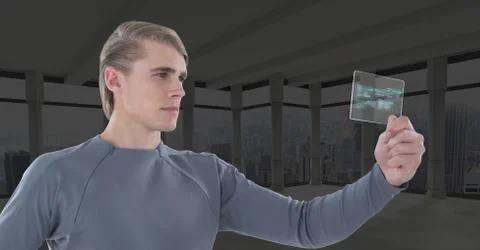 Man holding glass interface Stock Photos
