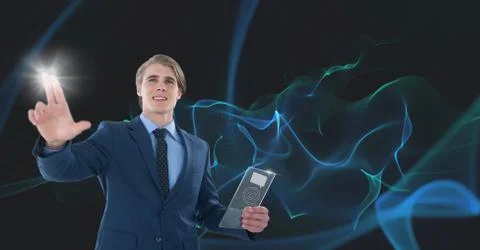 Man holding glass interface Stock Photos