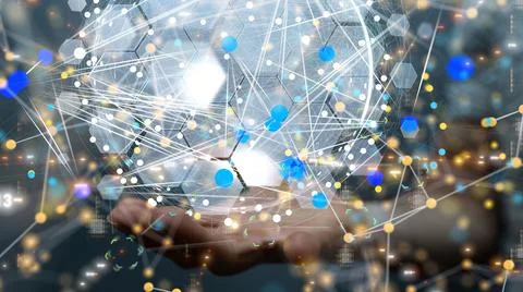 Man holding a globe with interconnected lines and dots . Stock Photos