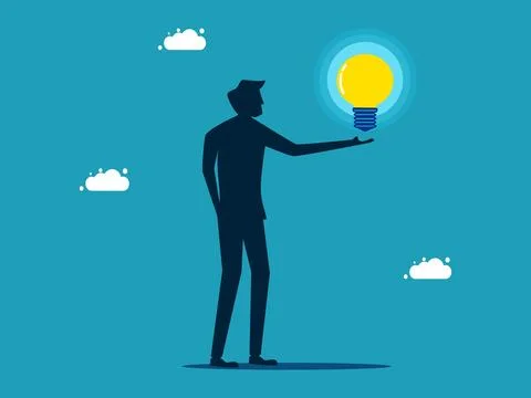 Man holding a glowing light bulb. knowledge and creativity. business concept  イラスト素材