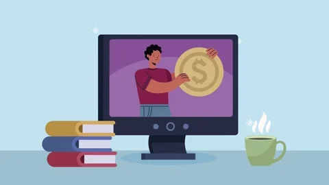 Man holding gold coin on computer screen with books and coffee cup. 스톡 동영상 333354139