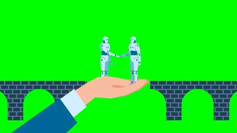 Man holding on hand two robots shaking hands. Robots shake hands on the bridge Stock Footage 320598382