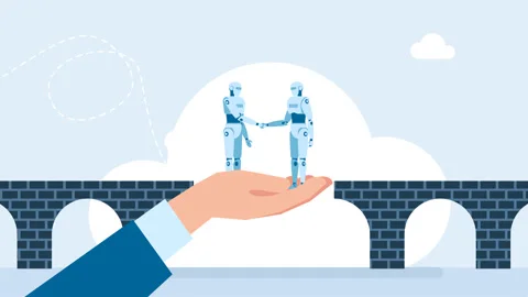 Man holding on hand two robots shaking hands. Robots shake hands on a bridge Video stock 321047576