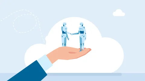 Man holding on hand two robots shaking hands. Robots under businessman control Stock Footage 321934403