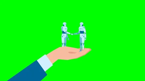 Man holding on hand two robots shaking hands. Robots under businessman control Stock Footage 322514612