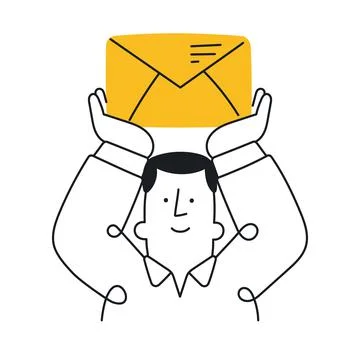 Man holding in hands big envelope. Outline, linear, thin line, doodle art. Si Stock Illustration