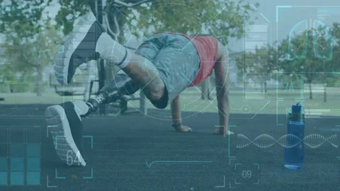Man holding high plank, driving prosthetic leg, stabilizing core on fitness mat, Stock Footage 333539849