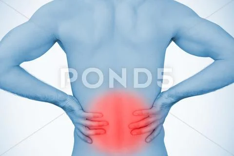 Man holding his back with highlighted red pain Stock Photos