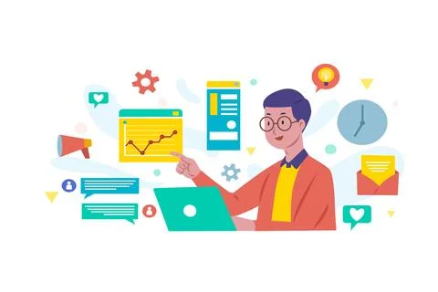 Man holding a laptop and multitasking 库存插图