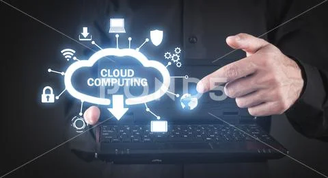 Man holding laptop computer. Cloud Computing Фото