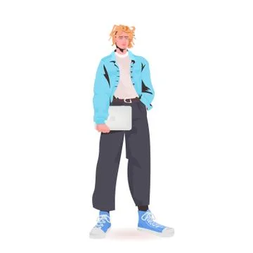 Man holding laptop guy model in trendy clothes male cartoon character standing Stock Illustration