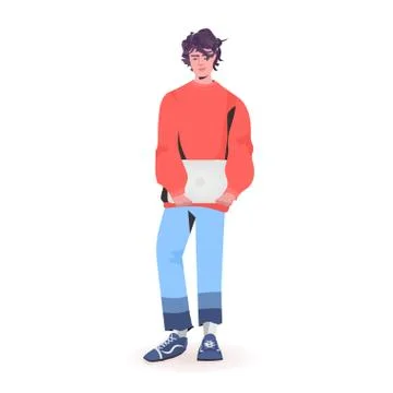 Man holding laptop guy model in trendy clothes male cartoon character standing Stock Illustration