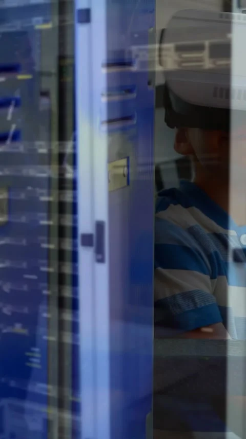 Man holding laptop in server room over child wearing virtual reality headset Stock Footage 331717801