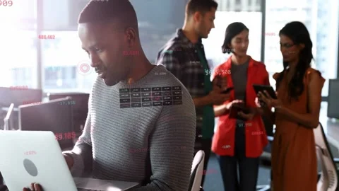 Man holding laptop typing and laughing, sharing data and causing tech overlays Stock Footage 333552449