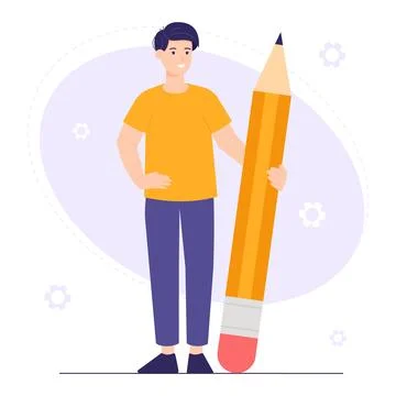 Man is holding a large pencil. A student stands with a pencil Stock Illustration