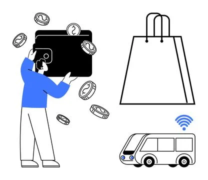 Man holding a large wallet with falling coins, large shopping bag, and smart  Illustration