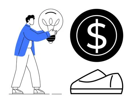 Man Holding Light Bulb Next to Currency Symbol and Shoe Outline Representin.. Stockillustratie