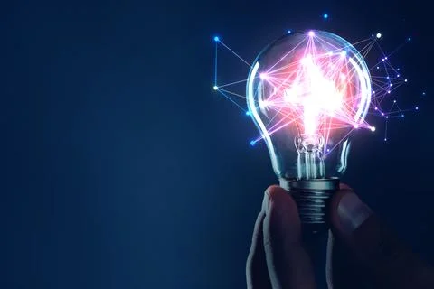 Man holding light bulb with pattern of connected dots on blue gradient back.. Stockfoto's