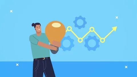 Man holding a light bulb with an upward trend arrow and spinning gears in m.. Stock Footage 339205654