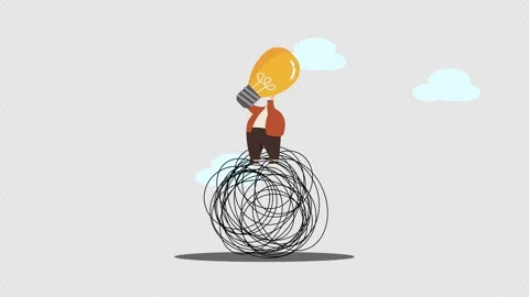 Man holding lightbulb stands on tangled mess, symbolizing idea amidst complexity Stock Footage 346436539
