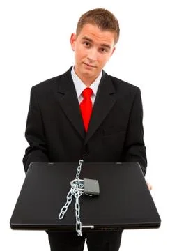 Man holding a locked computer Stock Photos