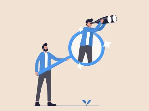 Man Holding Magnifying Glass with Reflection of Another Man Observing Stock Illustration