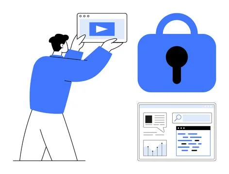 Man Holding Media Player Window with Security Lock and Digital Graph Interfac 스톡 일러스트