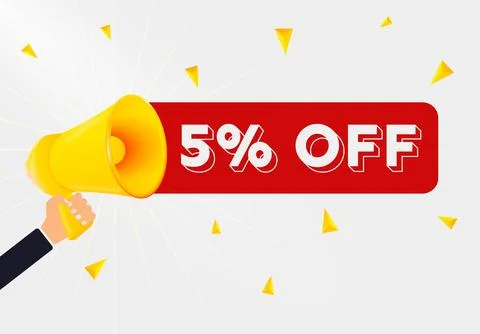 Man holding megaphone and word 5 percent off near chalkboard. Asking for help Stock Illustration