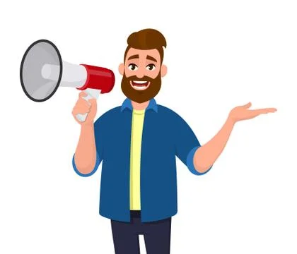 Man holding a megaphone/loudspeaker, shouting, announcing something. Stock Illustration