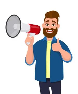 Man holding a megaphone/loudspeaker, shouting, announcing something. Stock Illustration