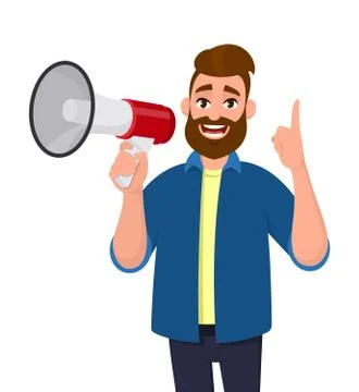 Man holding a megaphone/loudspeaker, shouting, announcing something. Stock Illustration