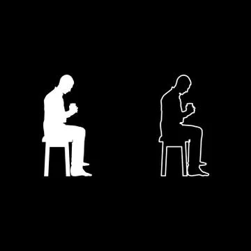 Man holding mug and looking at the contents inside while sitting on stool Con Stock Illustration