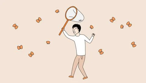 Man is holding a net and catching butterflies Stock Illustration