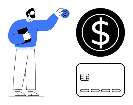 Man holding notebook and adding coin to giant dollar sign near credit card re 스톡 일러스트